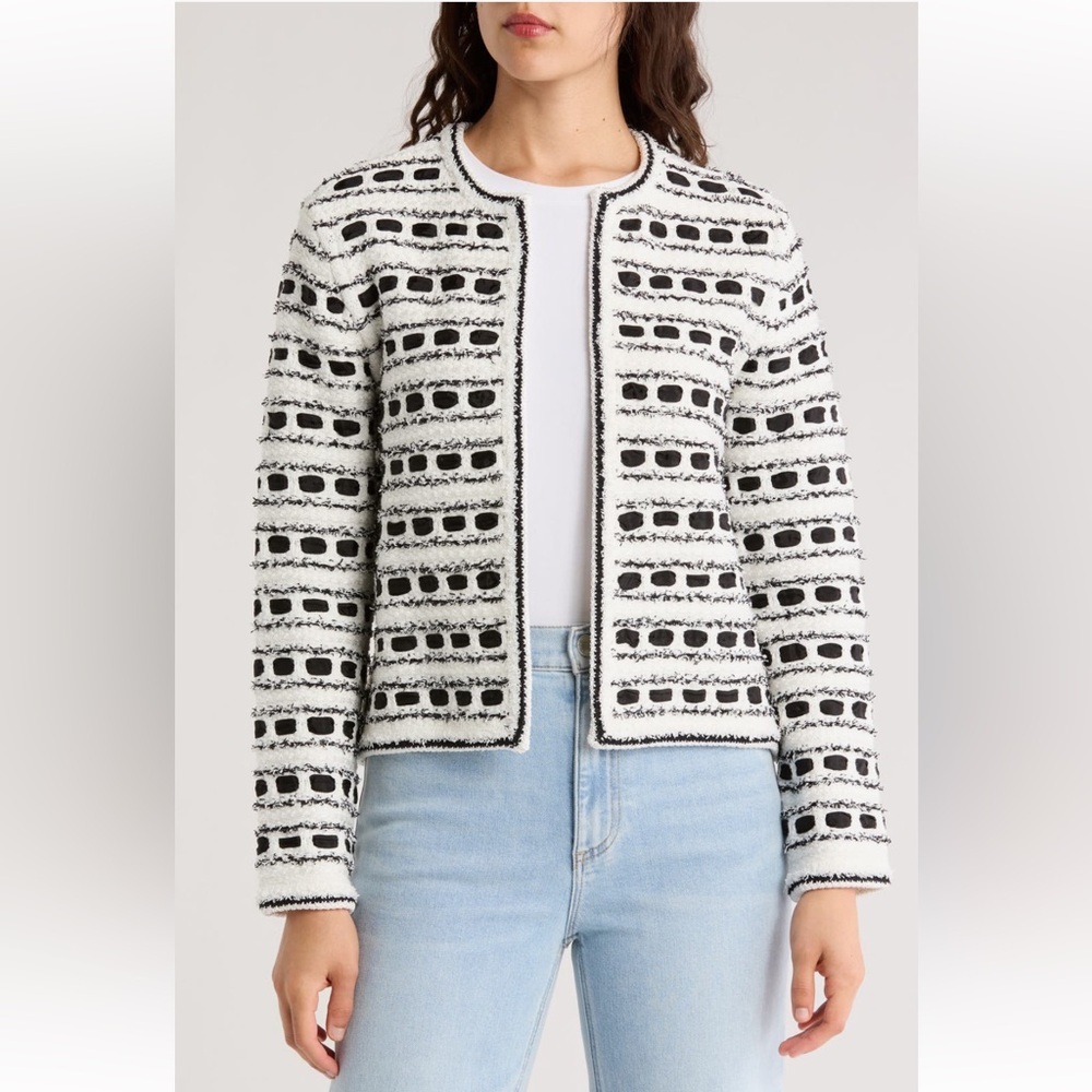 Alice + Olivia Marjorie Tweed Ribbon Woven Open Front Cardigan - Size Small - Picture 6 of 12
